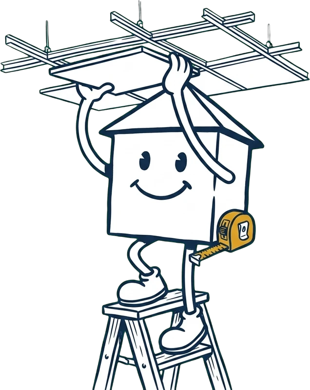 Notre mascotte, la petite maison souriante, sur un escabeau, pose une dalle de plafond dans une ossature suspendue.