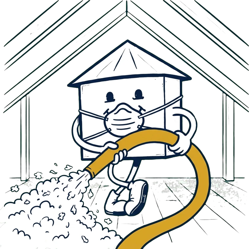 Notre mascotte, la petite maison souriante, masque sur le nez, souffle de l’isolant dans des combles avec un gros tuyau.