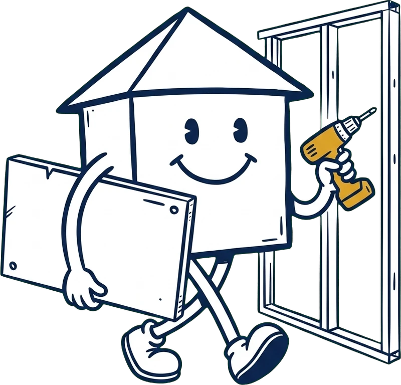 Notre mascotte, la petite maison souriante, porte une plaque de plâtre sous le bras, visseuse à la main, devant une ossature métallique.