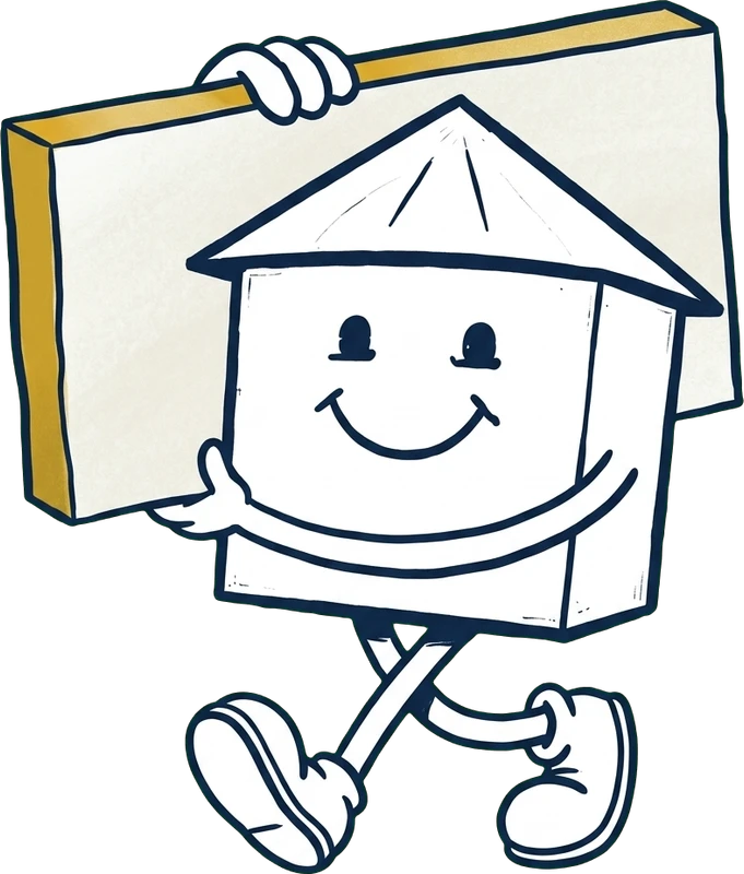 Notre mascotte, la petite maison souriante, porte un grand panneau isolant sur l’épaule.