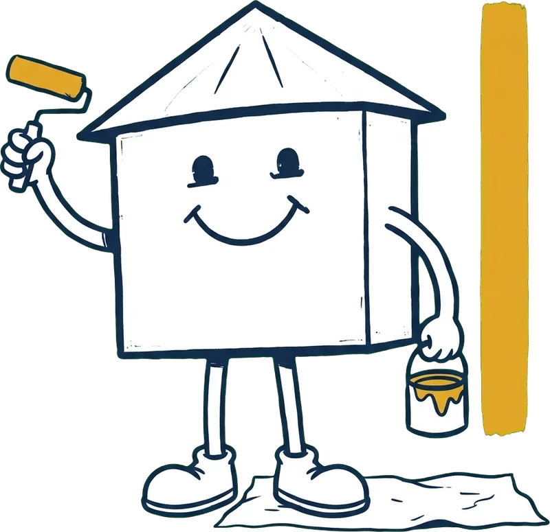 Notre mascotte, la petite maison souriante, rouleau dans une main et pot de peinture dans l’autre, devant une bande de peinture ocre fraîche.