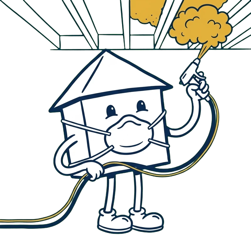 Notre mascotte, la petite maison souriante, masque sur le nez, projette de l’isolant sous un plafond avec une lance.