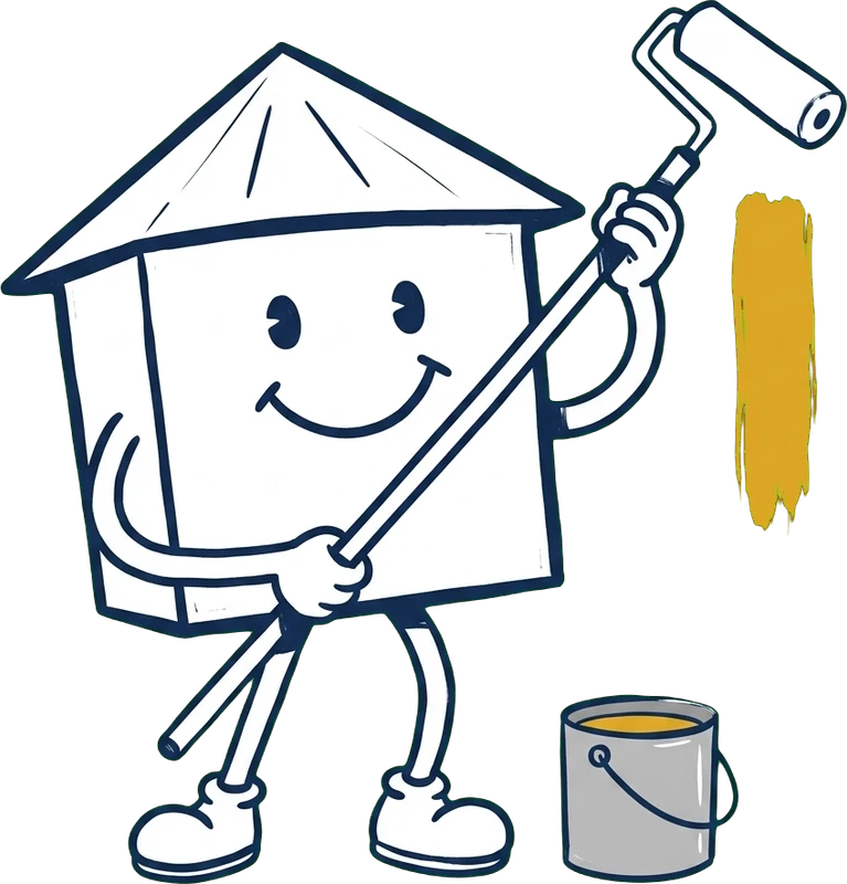 Notre mascotte, la petite maison souriante, peint une façade au rouleau à manche long, seau de peinture ocre à ses pieds.