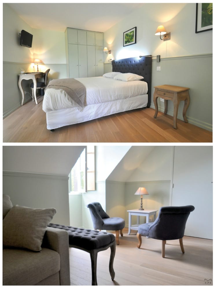 Deux chambres peintes en deux tons, soubassement vert de gris et murs clairs, parquet chêne