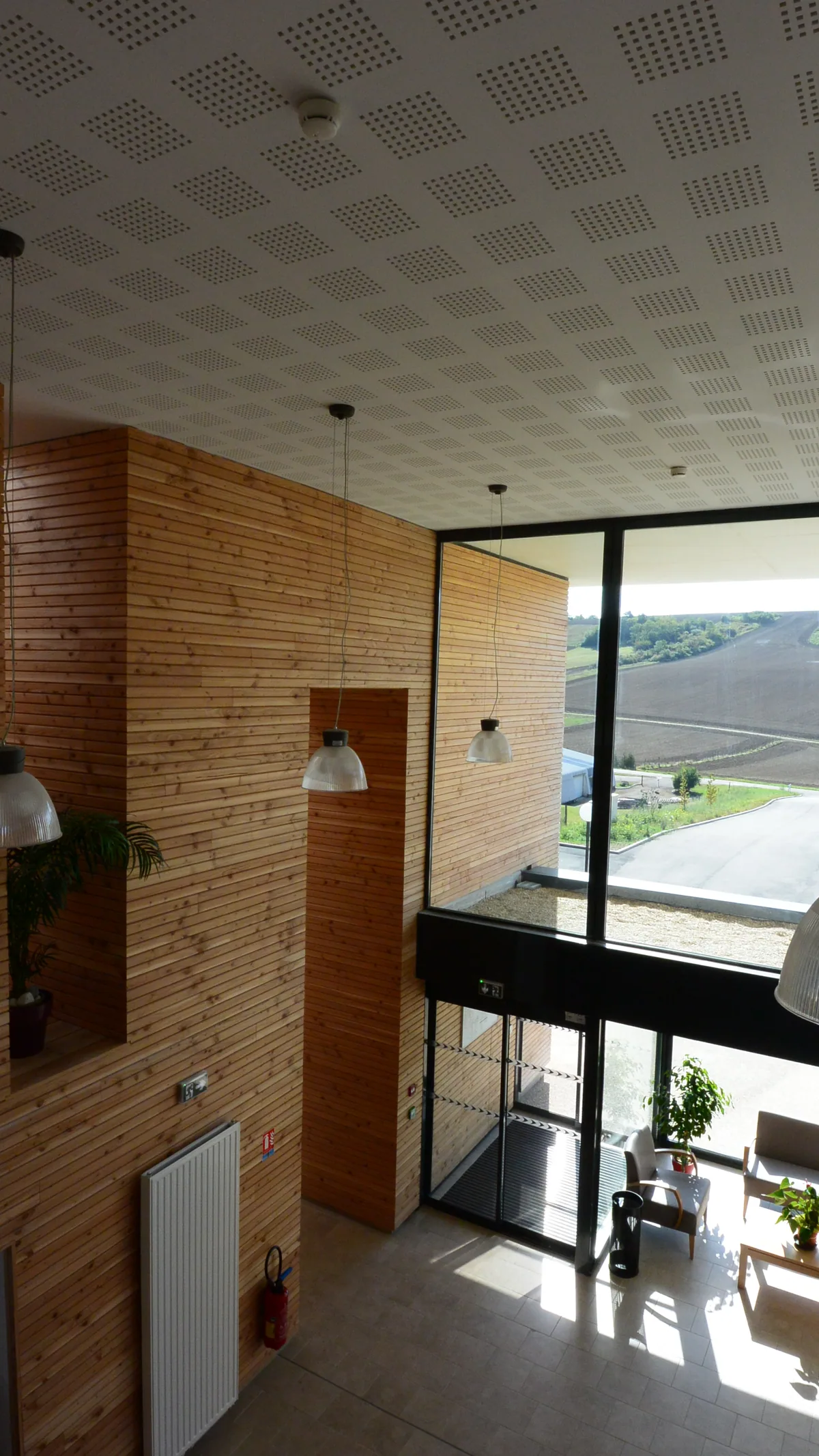 Salle commune aux murs verts et bardage bois intérieur, vue sur la campagne